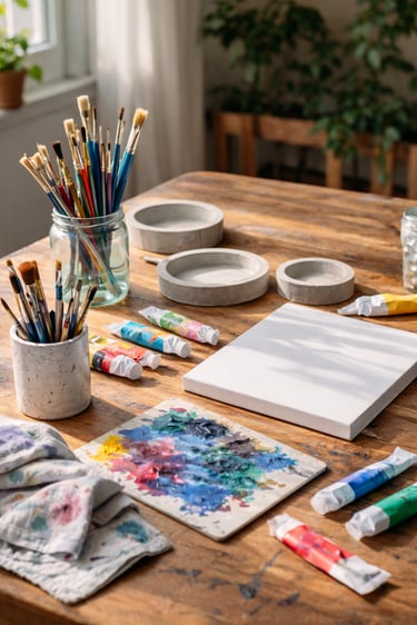 Mesa de estudio de artista con pinceles, tubos de pintura al óleo, una paleta desordenada