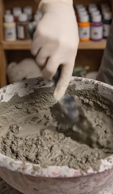  Artista mezclando hormigón húmedo y cemento en un recipiente para un proyecto de escultura de brico