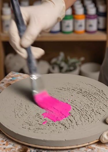  Un artista con guantes aplica pintura acrílica rosa vibrante con un pincel sobre un disco 