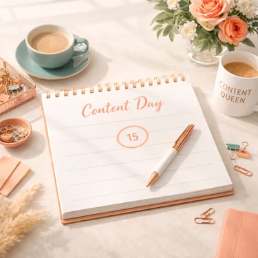 Content day calendar on a desk with a content queen coffee mug