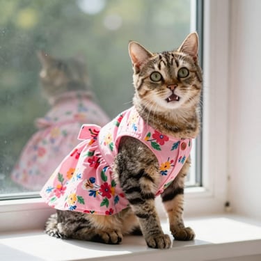 Gato atigrado sentado junto a una ventana luciendo un vestido rosa con estampado floral, ideal para la colección de temporada