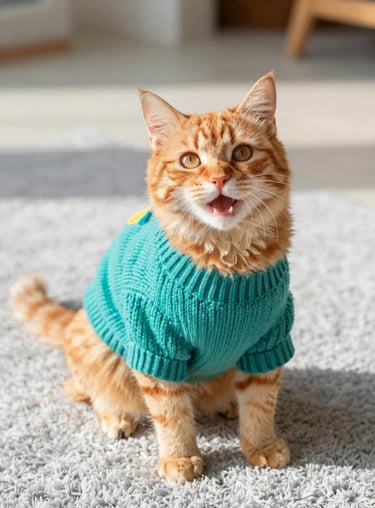Gato de pelaje naranja con rayas sentado en una alfombra gris usando un suéter tejido de cuello alto color verde azulado.