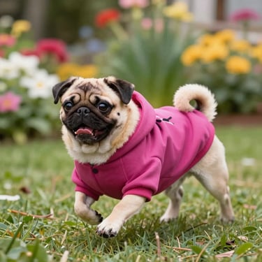 Perro de raza pug corriendo alegremente sobre el césped de un jardín luciendo una sudadera rosa vibrante con capucha.