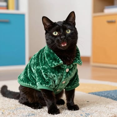 Gato negro con ojos amarillos posando en el interior de una casa con una elegante camisa de pana verde oscuro con botones.