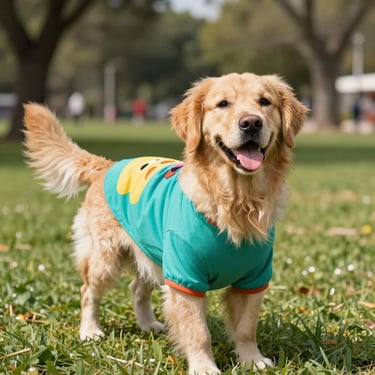 Perro de raza Golden Retriever feliz en un parque usando una playera verde turquesa de la colección de ropa para mascotas.