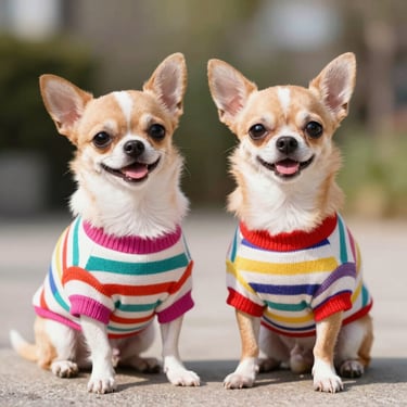 Dos perros chihuahua blancos con café posando juntos y vistiendo suéteres de rayas coloridas, ejemplo de ropa para mascotas.