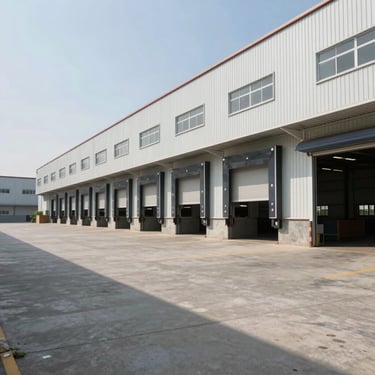 Wide-angle architectural exterior of a modern pre-engineered industrial warehouse with multiple loading docks in Savli, bright daylight, clean concrete driveway, negative space on the left