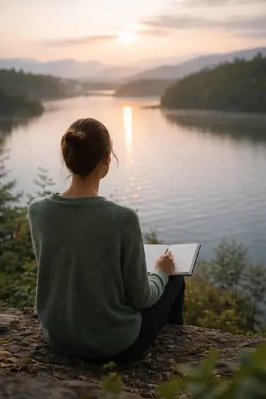 Femme observant un lac au soleil : analyse des systèmes écologiques et numériques pour une vision lucide par ÉcoScriptum.