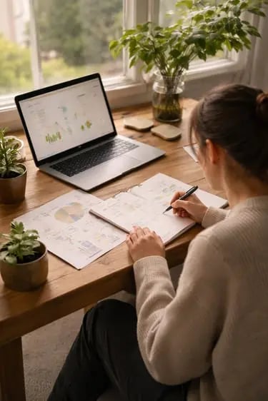Espace de travail avec notes et café : structuration de projets et outils de réflexion durable créés par ÉcoScriptum.