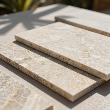 A close-up of premium construction materials, natural stone and elegant tiles on a sunny South American terrace, conveying trust and quality.