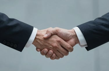 A close-up of two professional hands in formal North American / US attire shaking hands across a Light Gray textured surface. The image conveys trust and a successful business partnership, with the background in soft-focus Muted Blue.