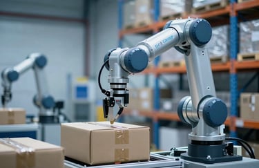 A close-up shot of an automated robotic arm moving a package in a high-tech logistics warehouse, professional lighting in shades of medium blue and silver, global international standard facility.