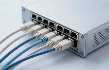 Clean, minimalist photography of professional network hardware and fiber optic cables, highlighting connectivity and speed, in a global international IT environment with white and light blue lighting.