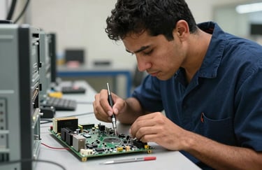 A focused South American technician in a professional uniform repairing a computer motherboard with precision tools in a well-lit workshop, reliable and expert atmosphere.