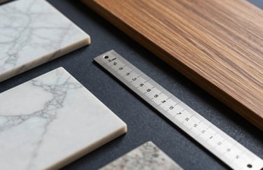 Detailed shot of high-end architectural finishings including marble samples, wood swatches, and a architectural ruler on a dark navy surface, professional and sophisticated mood.