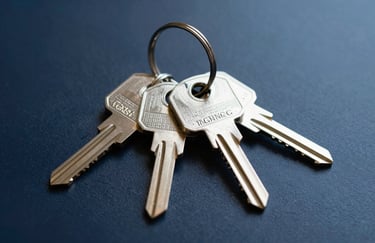 A professional photograph of a set of keys on a polished Dark Navy Blue surface, symbolizing trust and ownership of a new digital space. The lighting is crisp and modern.