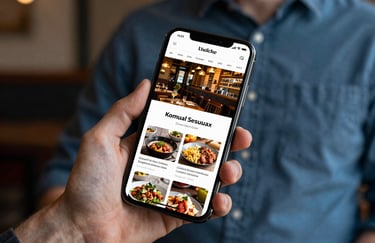 A close-up photo of a smartphone displaying a clean, mobile-responsive website layout for a local restaurant, held by a professional in a Steel Blue shirt.