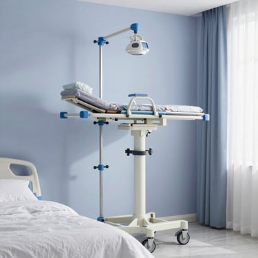 A high-quality patient lift system installed in a modern bedroom. Clean, sterile yet compassionate environment, Soft White and Light Lavender Blue tones, North American / US home.