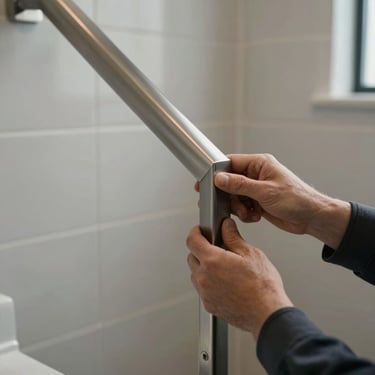 A professional installer securing a modern metal handrail in a bathroom modification. Close-up on the quality materials, North American / US residential construction style.