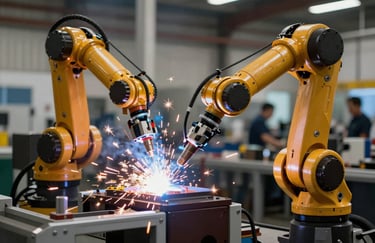 A professional view of a robotic welding station in a North American manufacturing plant, emitting controlled sparks and crisp cool-toned light.