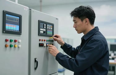 A detailed shot of a mechanical engineer in a North American facility inspecting a high-tech control panel with digital readouts in soft cloud and sky blue colors.