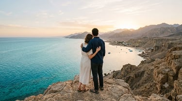 A couple embracing on a rocky cliff overlooking a blue ocean bay and mountains at sunset.