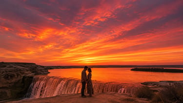 Silhouette of a romantic couple standing by a wide waterfall under a vibrant orange sunset sky.