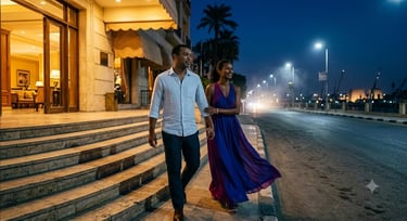 A smiling couple walks hand-in-hand outside a luxury hotel at night on a Luxor city street.