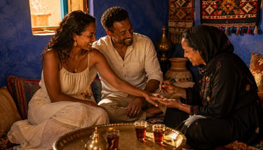 A smiling couple watches a woman apply a traditional henna tattoo in a vibrant Nubian blue room.