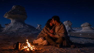 Couple huddled under a blanket by a campfire in the White Desert under a starry night sky.