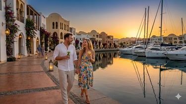 A happy couple walking along a luxury marina promenade at sunset in Port Ghalib, Mars Alam.