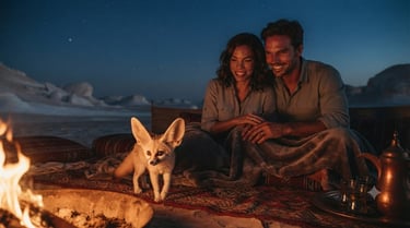 A couple sits by a campfire in the desert with a fennec fox on a rug at night.