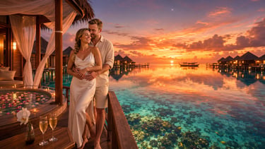 Couple enjoying a romantic sunset honeymoon at a luxury Maldives overwater villa with ocean views.
