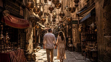 A couple holds hands walking through an Egyptian bazaar filled with hanging brass lanterns.