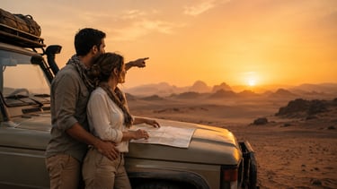 A couple on a desert safari adventure leaning on a 4x4 vehicle looking at a map during a golden sunset.