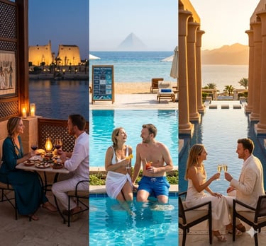 Couple enjoying a luxury vacation in Egypt with fine dining, pool relaxation, and scenic views of ancient temples.