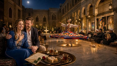 A couple enjoys a traditional Tanoura dance performance at a moonlit Egyptian courtyard dinner.