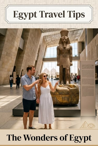 Couple exploring ancient artifacts and statues at the Grand Egyptian Museum in Cairo.