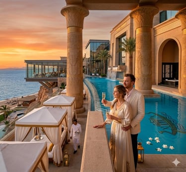 A couple enjoys champagne at a luxury Egyptian resort infinity pool overlooking the Red Sea at sunset.