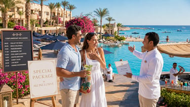 A happy couple receiving a luxury all-inclusive welcome at a Hurghada beach resort with a pool view.