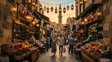A couple walking through the Khan el-Khalili bazaar in Cairo with lanterns and spices at sunset.