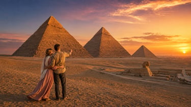 Couple admires ancient Giza Pyramids and Sphinx at sunset in Egypt, offering a breathtaking view of the historic landmarks.