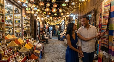 A couple shops for textiles in a vibrant Luxor night market with glowing lanterns and spices.