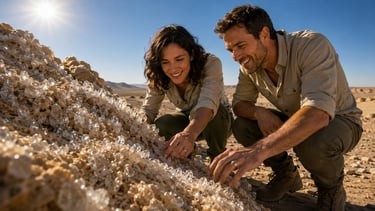Smiling geologists examine a large cluster of quartz crystals in a sunlit desert landscape.