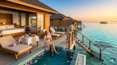 A couple relaxes on a luxury Maldives overwater villa deck with a private plunge pool at sunset.