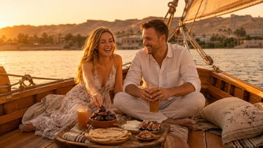A happy couple enjoys a sunset dinner cruise on a traditional wooden boat in Egypt.