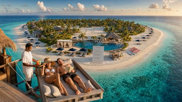 A couple relaxes on a luxury Maldives resort villa deck overlooking a tropical island and turquoise ocean.