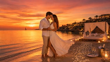 Romantic couple embracing on a tropical Sharm El-Sheikh beach at sunset.