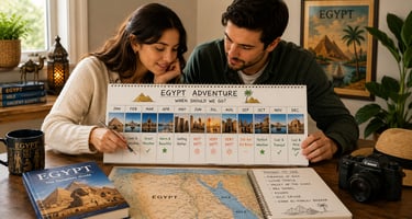 A couple plans an Egypt vacation using a travel calendar, guidebooks, and a map of the Nile.