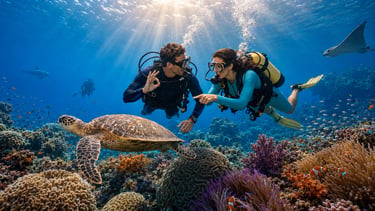 Scuba divers swimming with a sea turtle over a vibrant coral reef with tropical fish in Sharm El-She